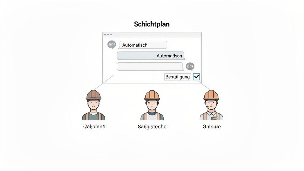 Schichtplan-Automatisierung mit SMS-Benachrichtigungen an drei Bauarbeiter zur Bestätigung von Diensten.