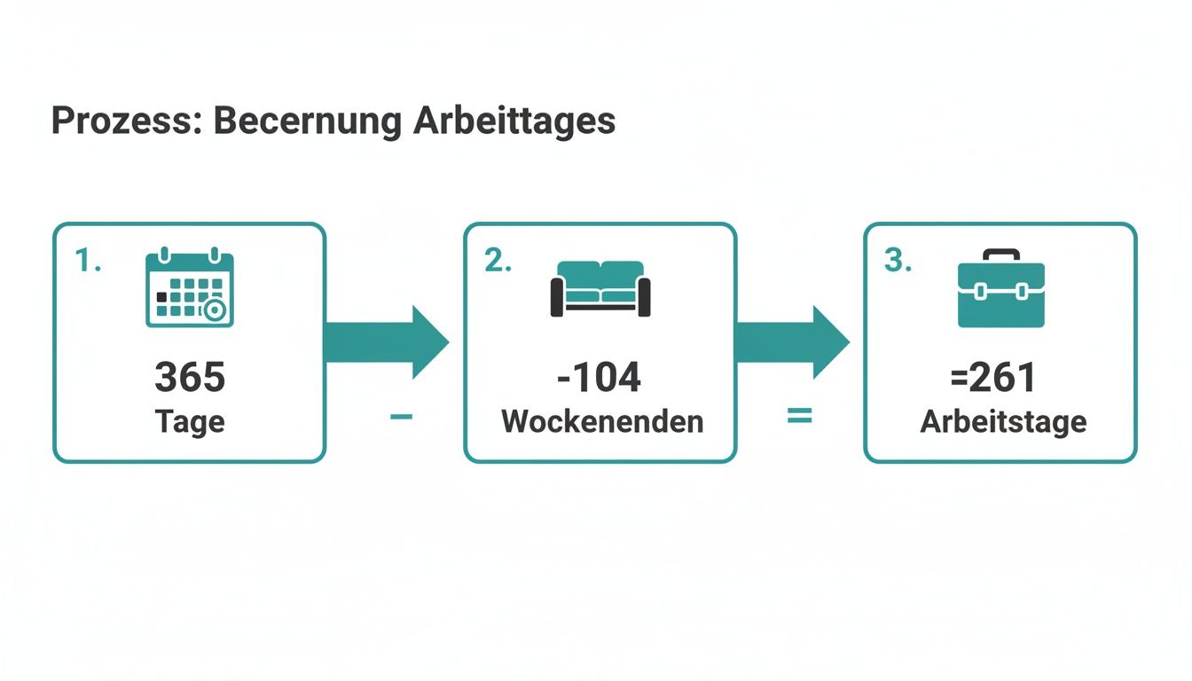 Infografik zur Berechnung der Arbeitstage im Jahr: 365 Tage minus 104 Wochenenden ergeben 261 Arbeitstage.