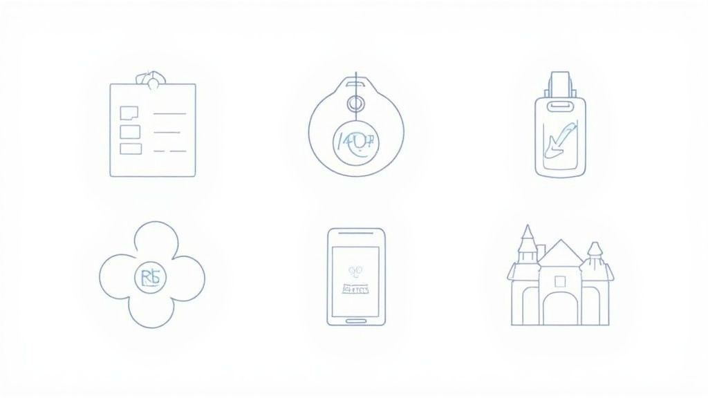 Sechs Icons zeigen Checkliste, Kompass, Ausweis, Blume mit Rb-Symbol, Smartphone und Schloss für Einsatzplanung