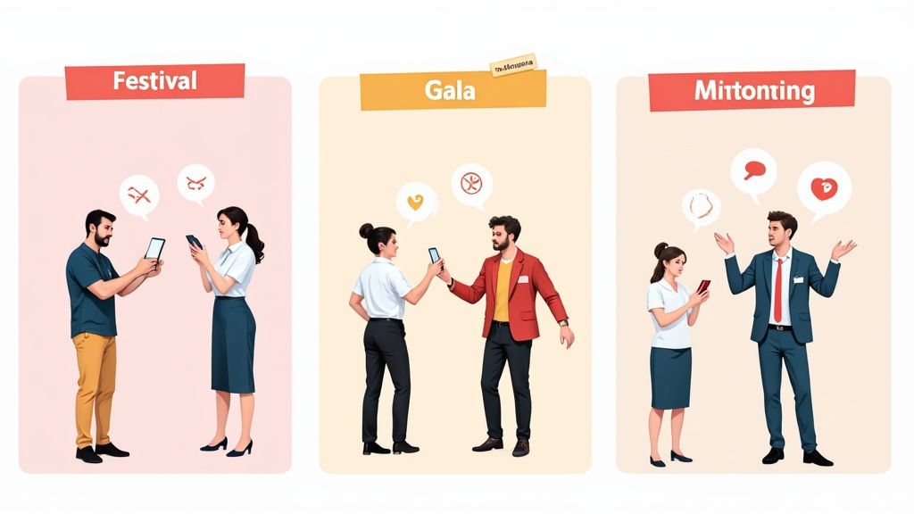 Drei Illustrationen zeigen Paare bei verschiedenen Veranstaltungen (Festival, Gala, Mittonting), die auf Smartphones schauen und unterschiedliche Reaktionen zeigen.