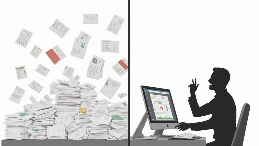 Vergleich: Links Berge von Papier, rechts ein Computer mit effizienter Disponenten Software und ein zufriedener Mitarbeiter.