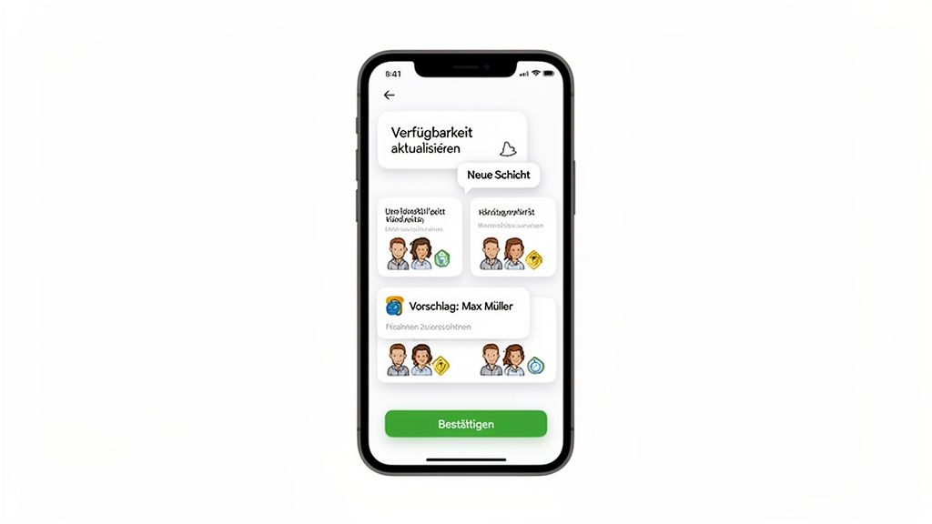 Bildschirm einer App zeigt Schichtplanung, Verfügbarkeitsaktualisierung und Vorschläge für Teameinsatz an.