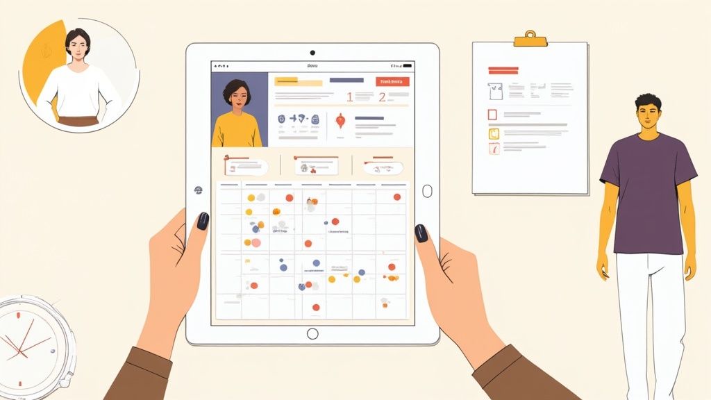 Hände halten Tablet mit digitaler Personalplanungssoftware, die eine Kalenderansicht und Mitarbeiterprofile zeigt. Ein Mann steht daneben.