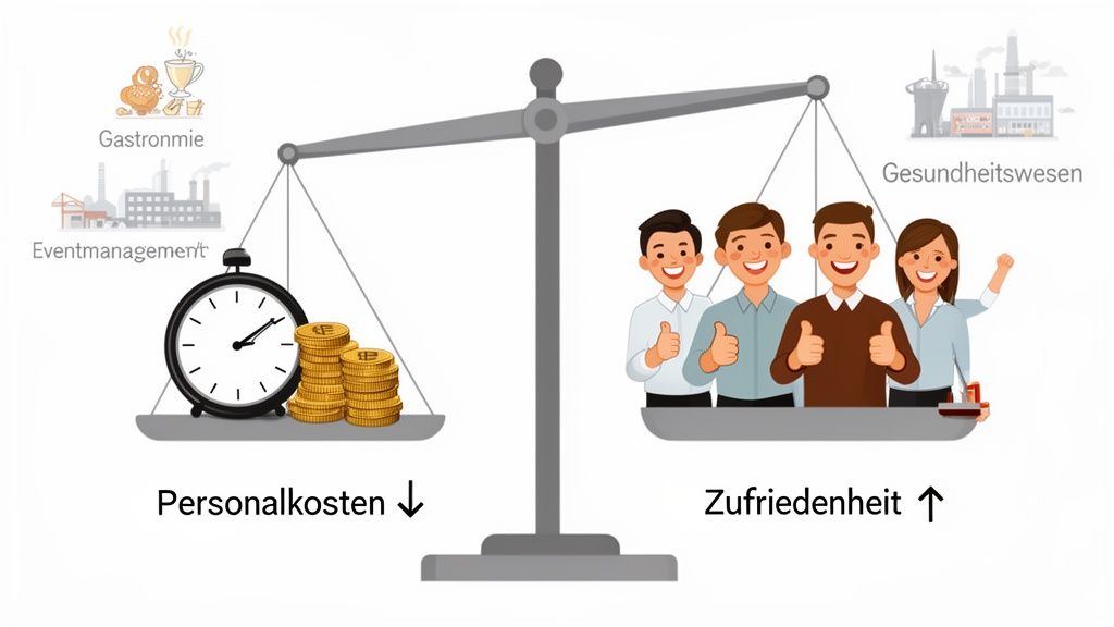 Waage zeigt: Reduzierte Personalkosten in Gastronomie und Eventmanagement durch smarte Planung erhöhen die Zufriedenheit, besonders im Gesundheitswesen.