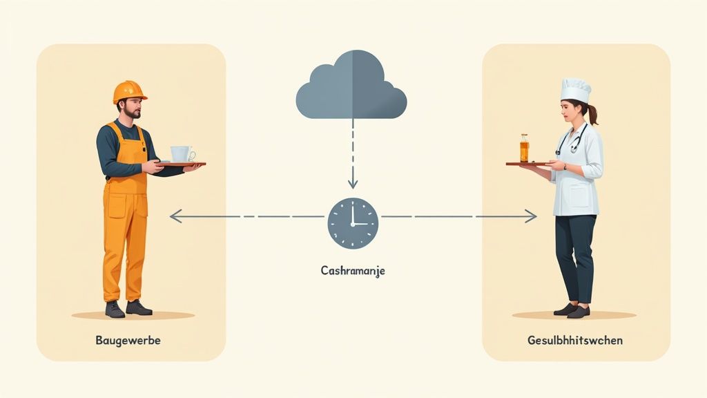 Illustration: Bauarbeiter und Gesundheitsfachkraft mit Tabletts, verbunden durch Cloud, Uhr und den Text "Cashramanje".