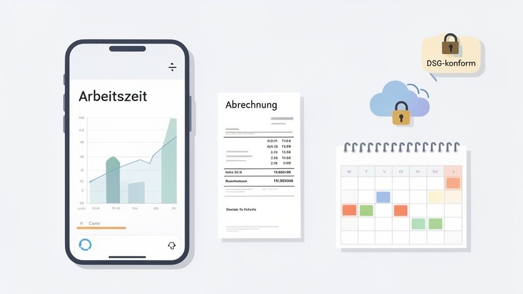 Smartphone-App zur Arbeitszeiterfassung, Abrechnung, Kalenderplanung und DSG-konforme Cloud-Speicherung.