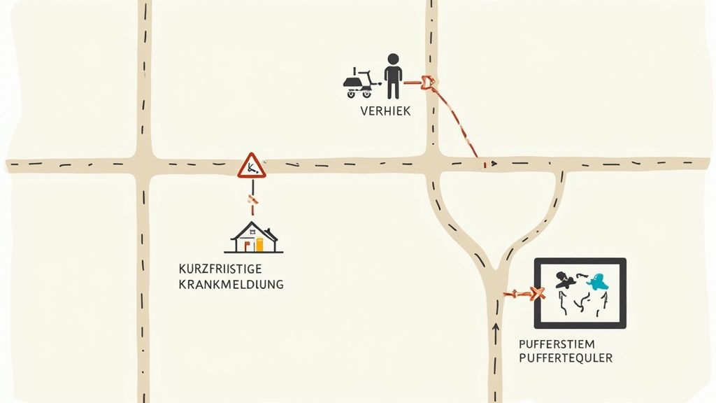 Diagramm einer Einsatzplanung mit kurzfristiger Krankmeldung, Fahrzeug und Pufferlösung auf einer Karte.
