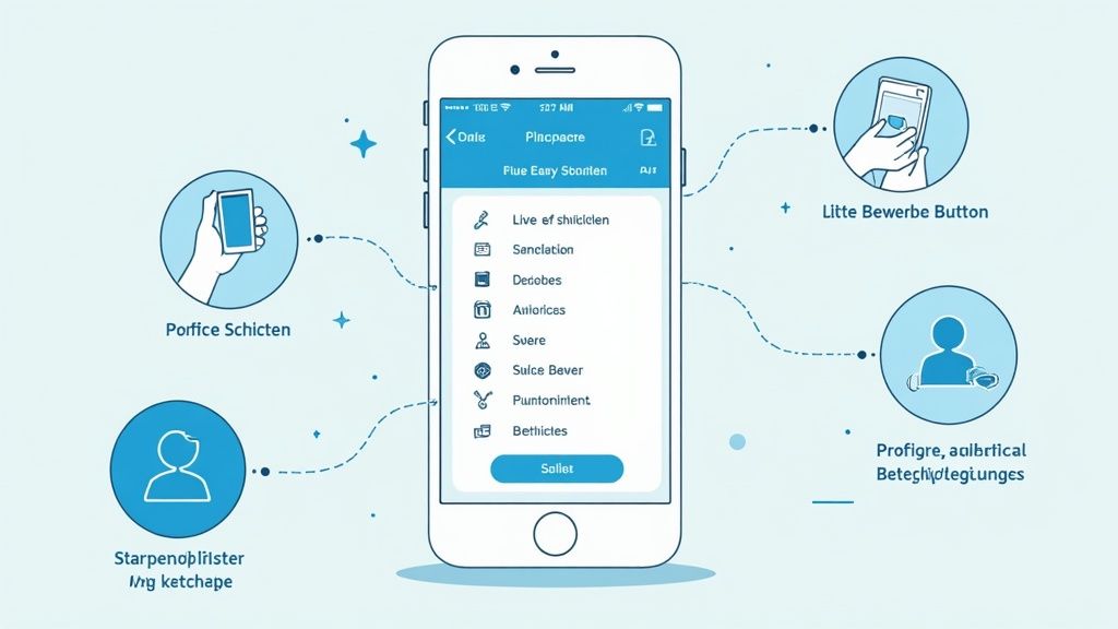 Mobile App zur Verwaltung von Schichten und Funktionen, umgeben von erklärenden Piktogrammen und Textfeldern.