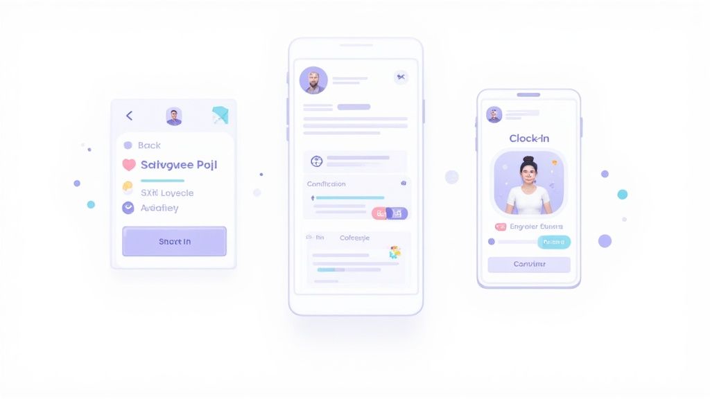 Drei moderne Smartphone-Bildschirme zeigen eine Zeitarbeitsmanagement-Software mit Profilen und Zeiterfassung.