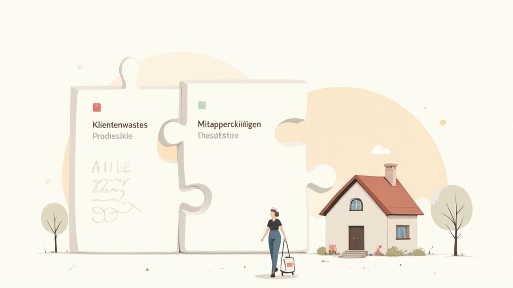 Illustration von zwei Puzzleteilen, einer Pflegekraft und einem Haus, die Themen wie Klientenwastes und Mitapperckiiiligen darstellt.