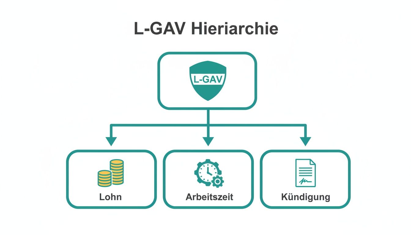 Eine Hierarchie des L-GAV, die Lohn, Arbeitszeit und Kündigung umfasst.