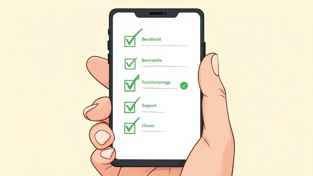 Hand hält Smartphone mit einer Zeitarbeiter-App, die erledigte Aufgaben auf einer grünen Checkliste anzeigt.