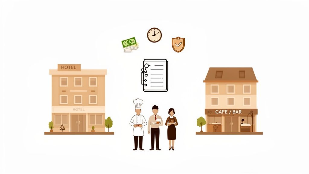 Eine Illustration, die ein Hotel und ein Café/Bar mit Personal, Geld, Zeit, Sicherheit und einer Checkliste für das Gastgewerbe zeigt.