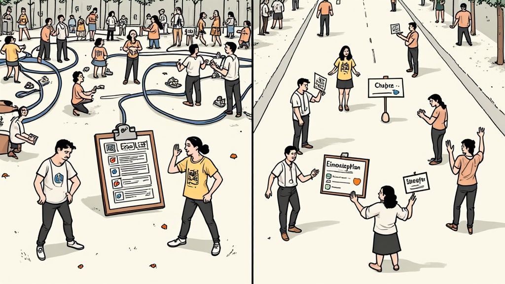 Darstellung von Eventplanung und Helfern: Links Vernetzung, rechts Menschen mit Schildern an einer Straße.