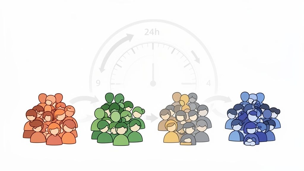 Vier farbige Personengruppen, die einen 24-Stunden-Zyklus mit Pfeilen darstellen, möglicherweise für Schichtarbeit.