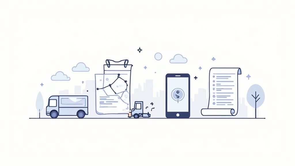 Illustration von Logistikprozessen mit LKW, Datenanalyse, Smartphone und Aufgabenliste in einem urbanen Umfeld.