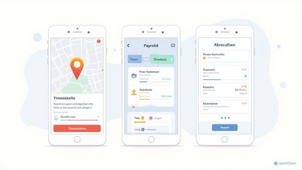 Drei Smartphone-Bildschirme zeigen verschiedene App-Oberflächen für Zeiterfassung, Lohnabrechnung und Ereignisverwaltung mit Karten und Daten.