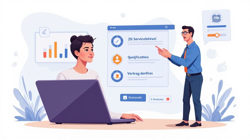 Zwei Personen nutzen eine Software für Personalmanagement, die Aufgaben, Kommunikation und Effizienz bei der Zeitarbeit optimiert.
