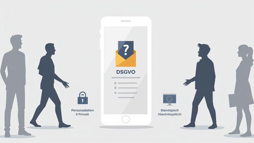 Illustration zur DSGVO mit Smartphone, Personendaten-Schloss und EU-Monitor, umgeben von Menschensilhouetten.