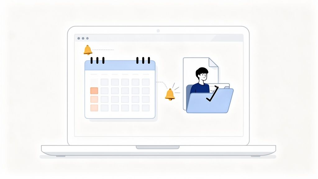 Ein Laptop zeigt einen Kalender mit Terminen und einen Ordner mit einer erledigten Aufgabe und Erinnerungen.