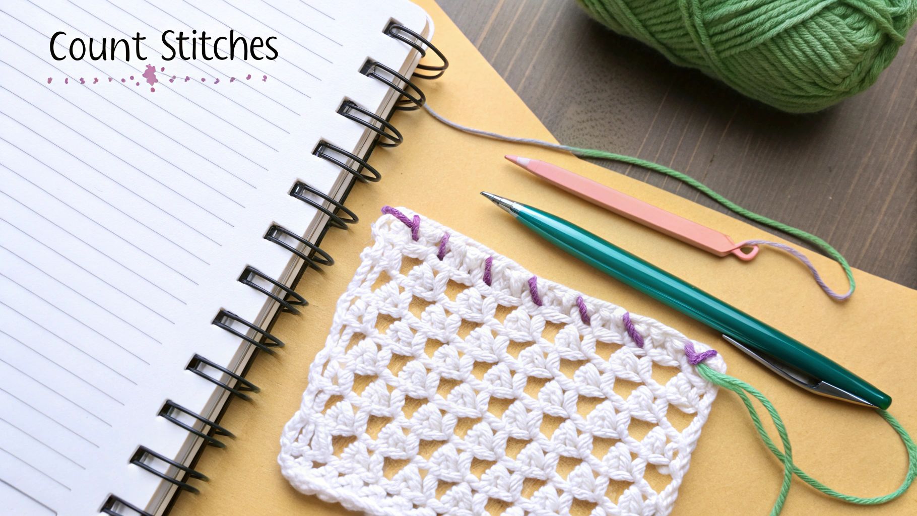 A pair of hands crocheting a neat, flat piece of work, with a colorful stitch marker clipped to a stitch, illustrating the importance of counting.