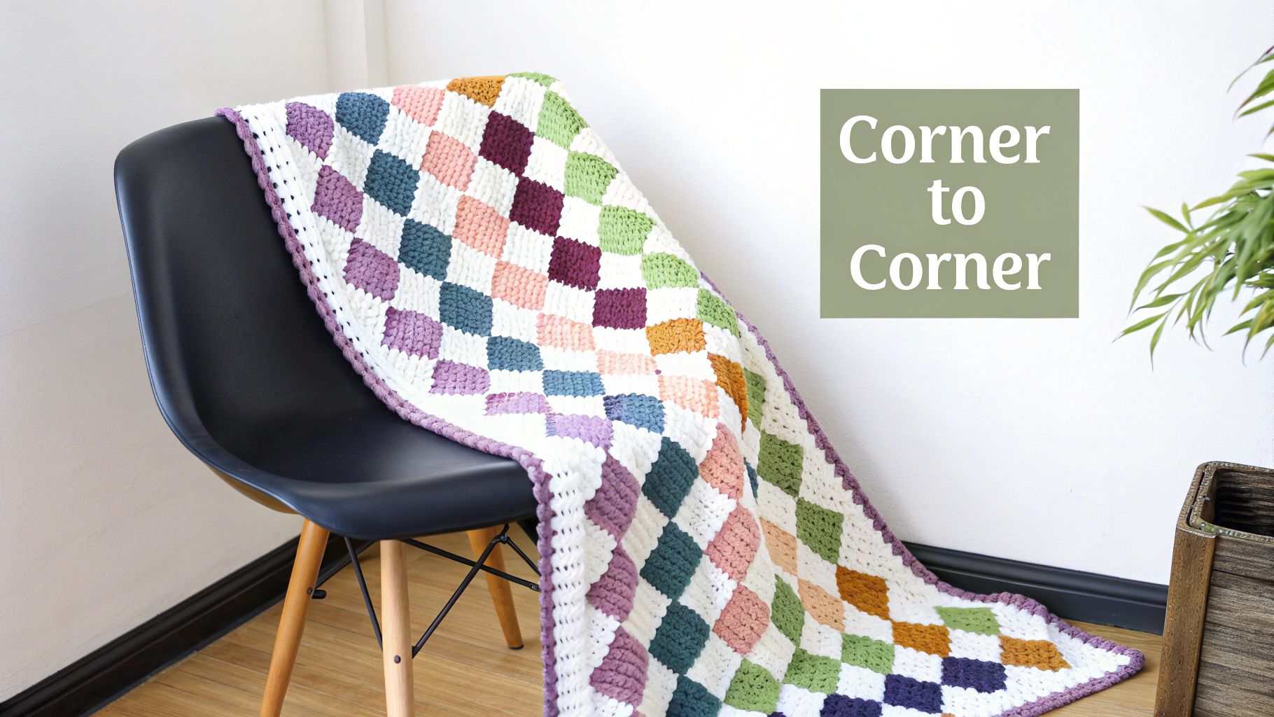 A close-up of a C2C (Corner-to-Corner) crochet project showing the diagonal pixel-like stitches in multiple colors.