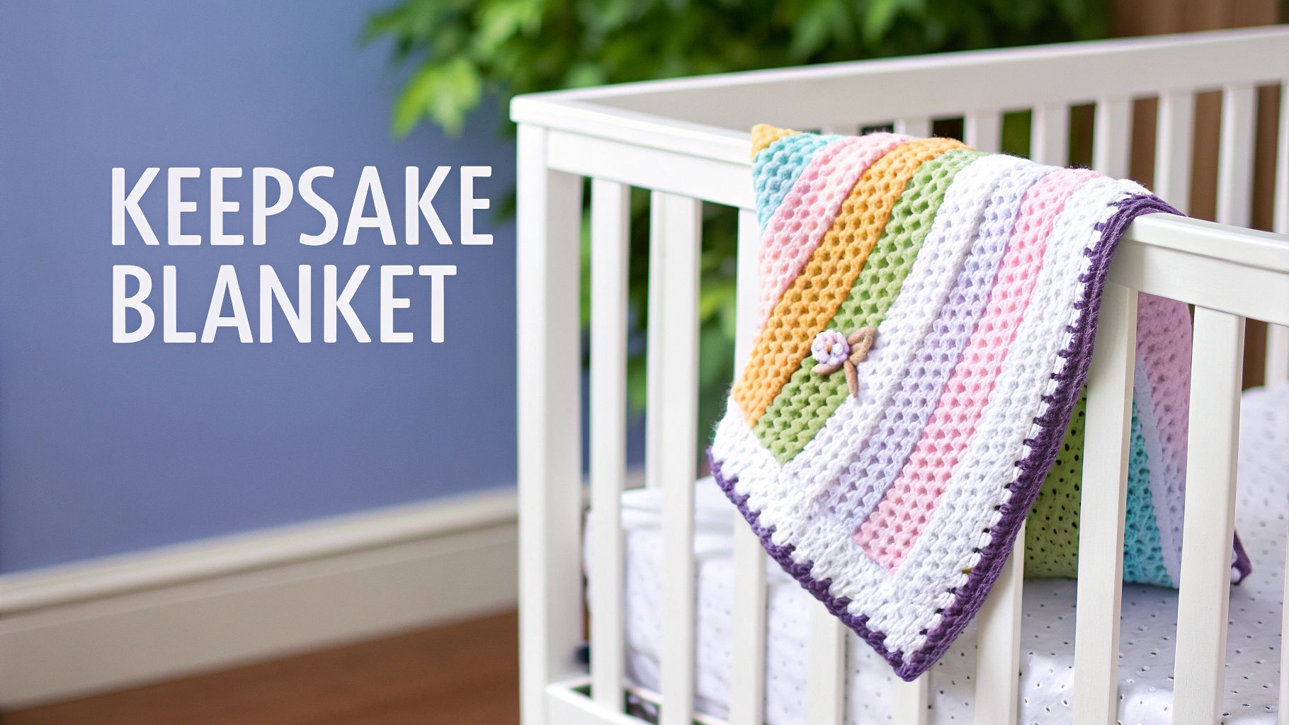 A soft, white crocheted baby blanket with a textured stitch pattern, folded neatly.