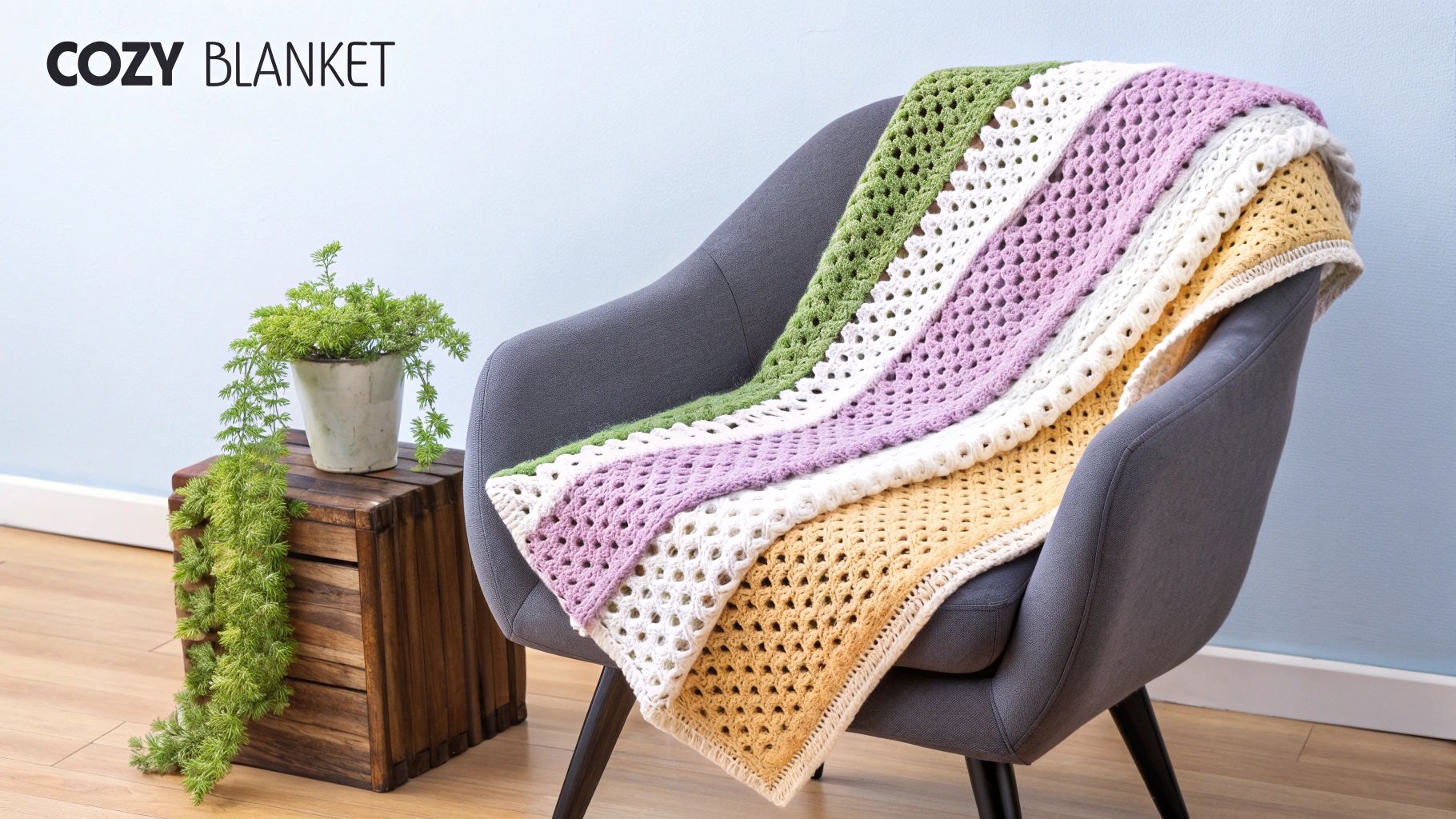 Colorful crocheted granny square blanket draped over a chair