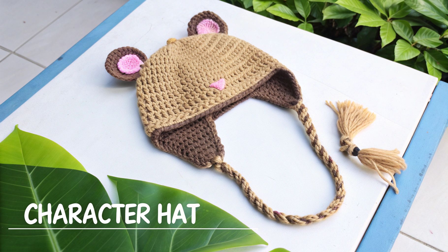 A collection of colorful crocheted character hats with earflaps, including an owl, a monster, and a bunny, displayed on a wooden background.