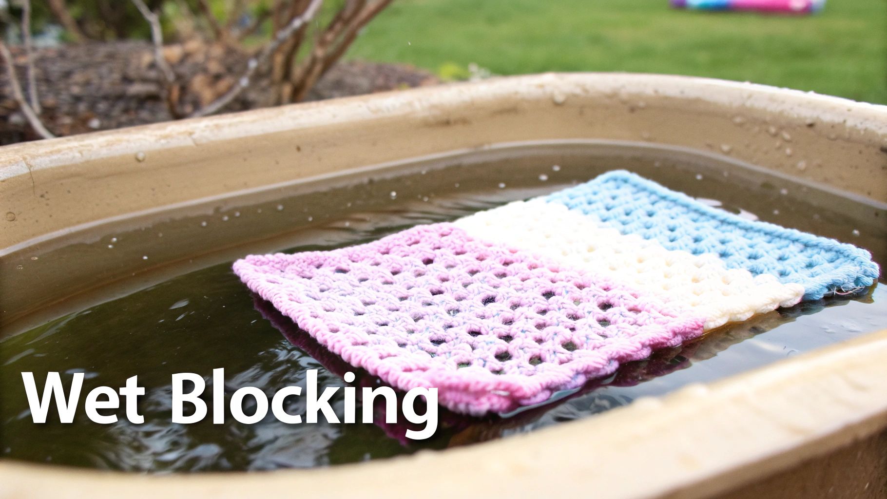 A close-up of a hand gently pinning a colorful crochet project onto a white blocking mat.