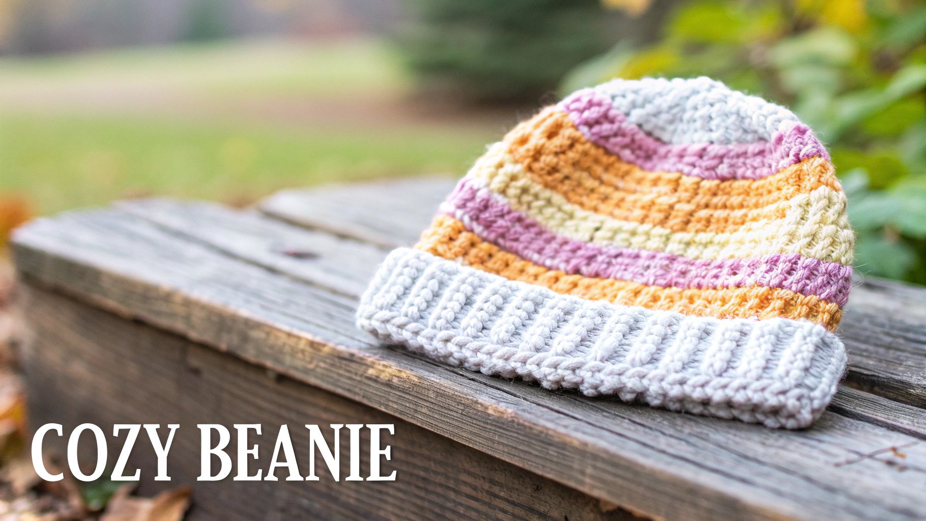 A simple, gray crocheted beanie hat with a folded brim lying flat.
