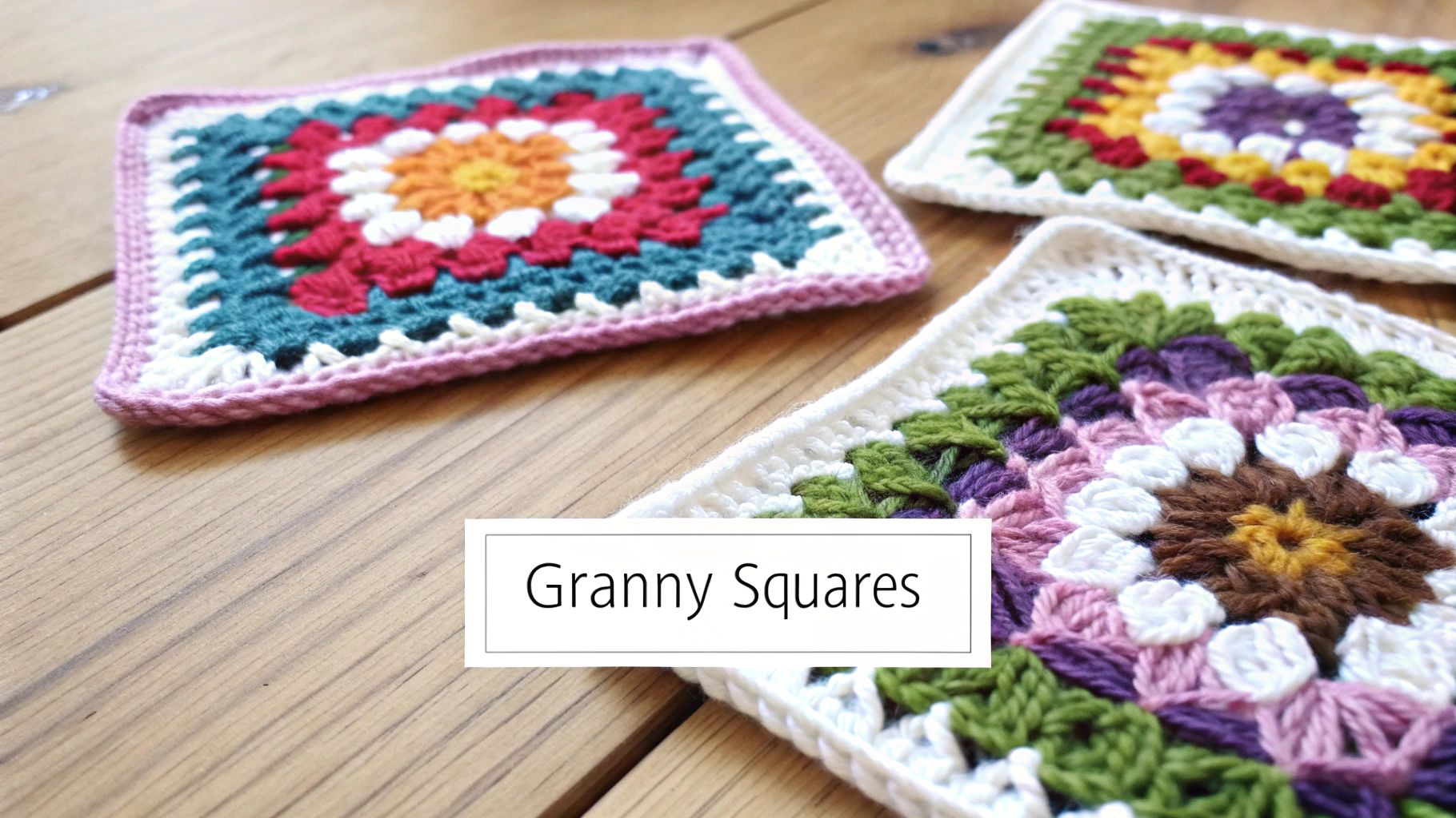 A close-up of a colorful granny square being crocheted with a hook still in the yarn.