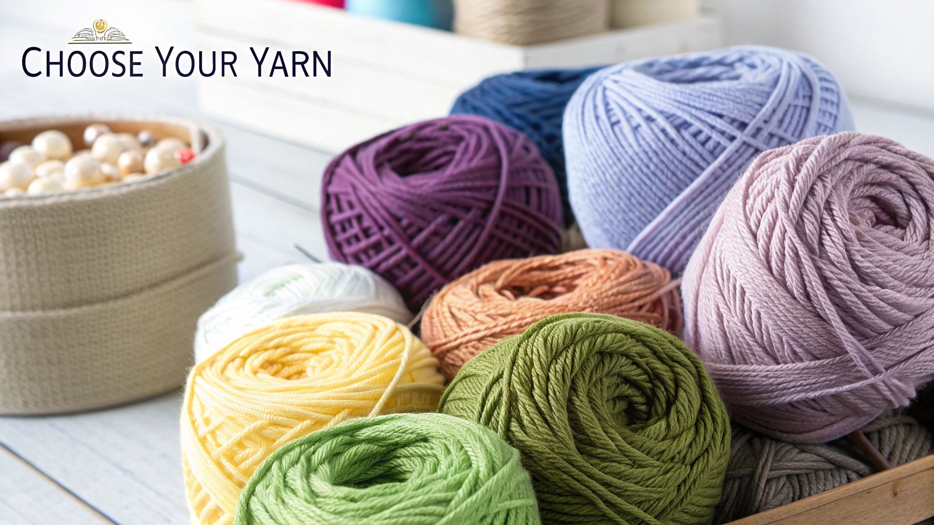 A colorful assortment of yarn skeins neatly arranged.