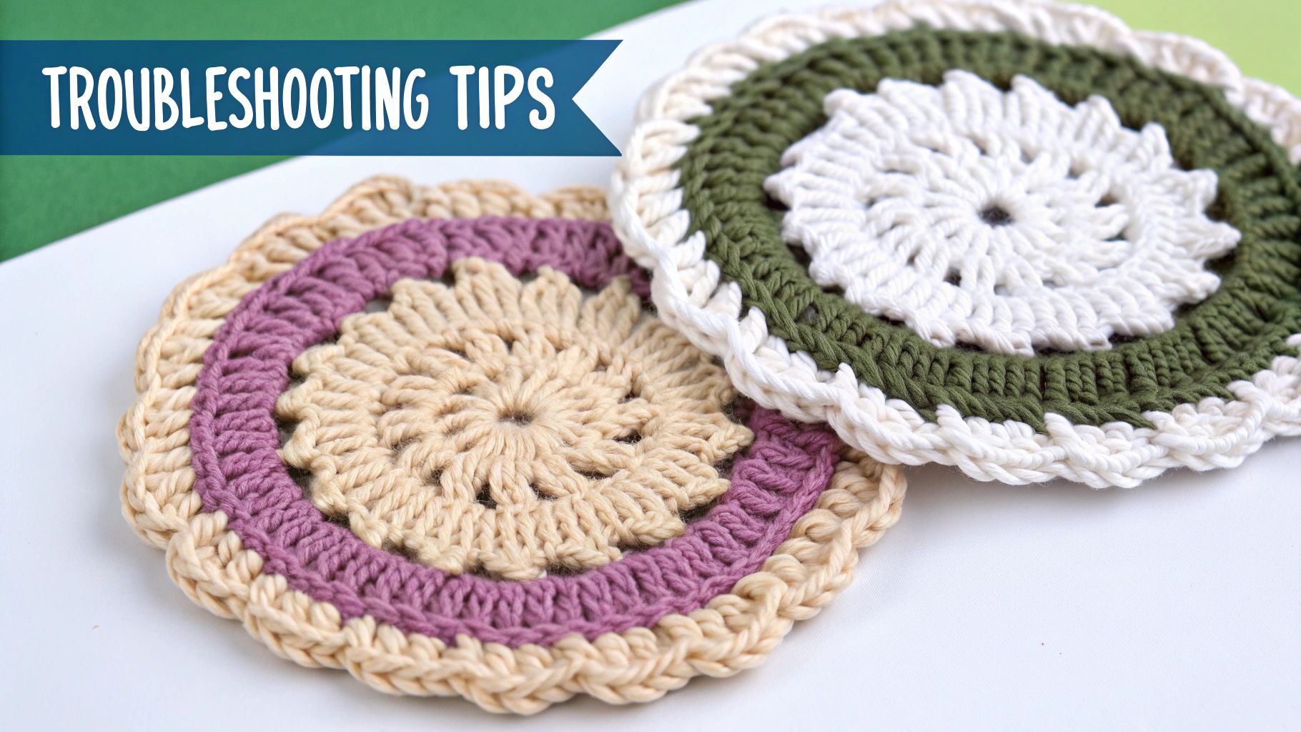 A close-up of a person's hands crocheting a flat, circular piece with variegated yarn, showing the stitches clearly.