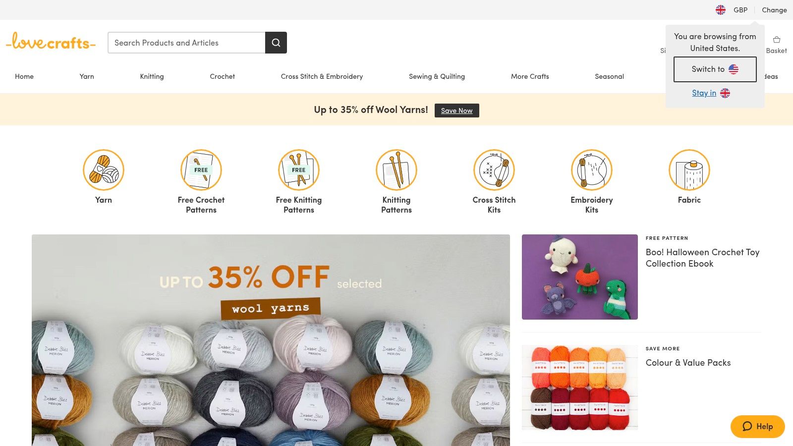 A screenshot of the LoveCrafts website showcasing various colorful crochet animal patterns.