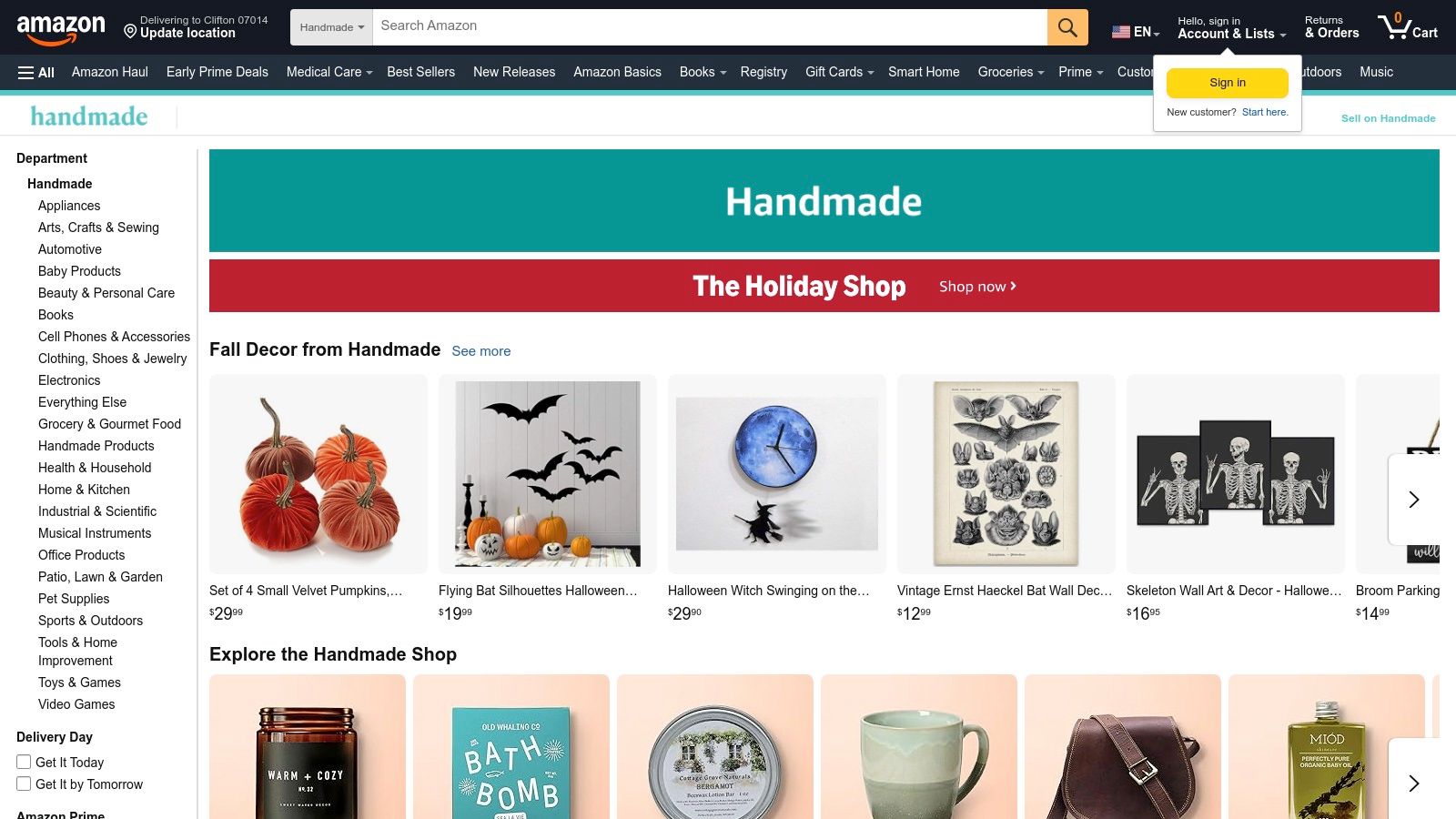 A collage of various handmade items available on Amazon Handmade, including jewelry, mugs, and home decor.