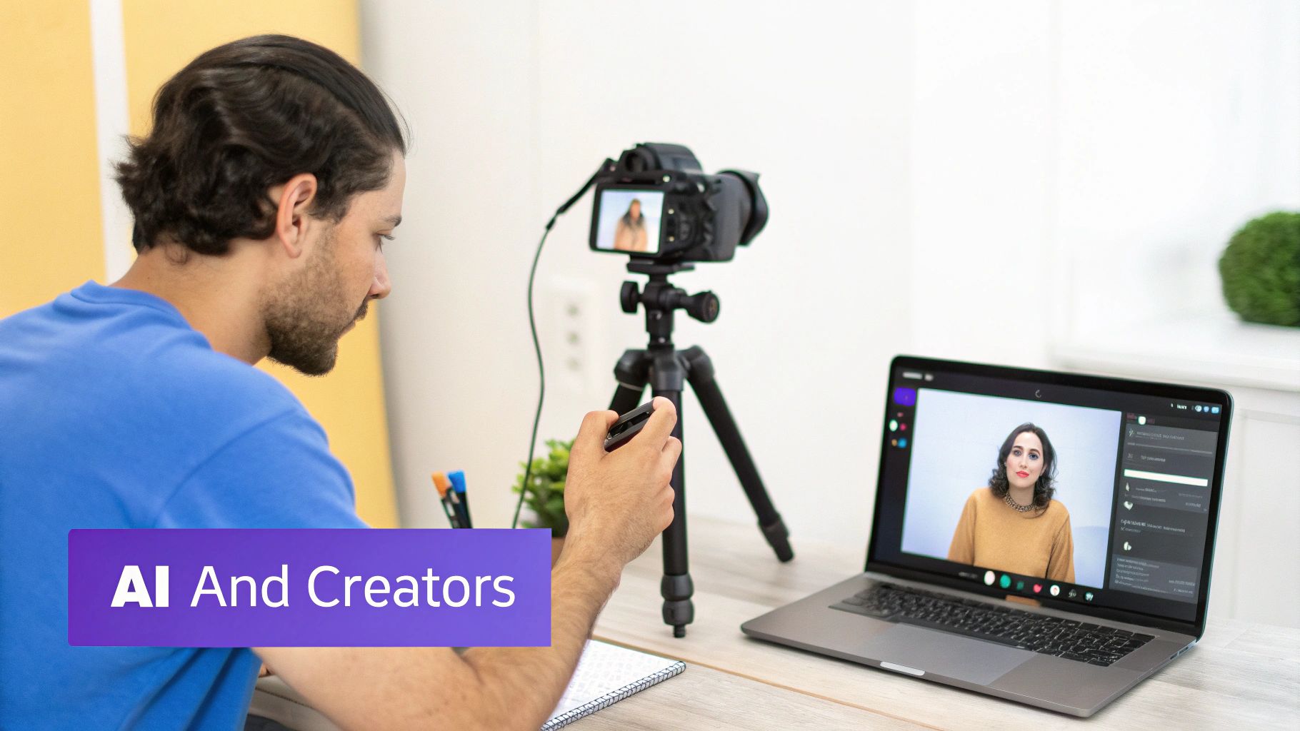 A creator films a woman using a camera on a tripod, displaying the feed on a laptop.