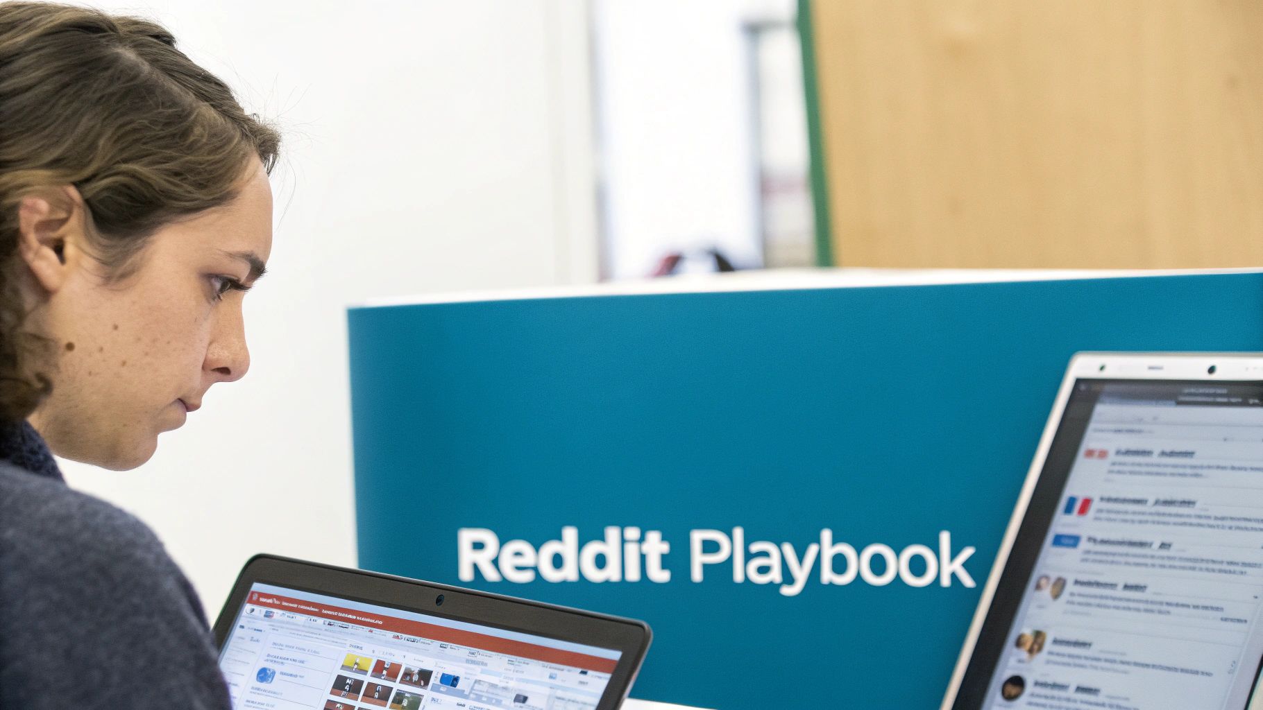 Woman intently viewing a laptop, with 'Reddit Playbook' clearly displayed on a blue background.