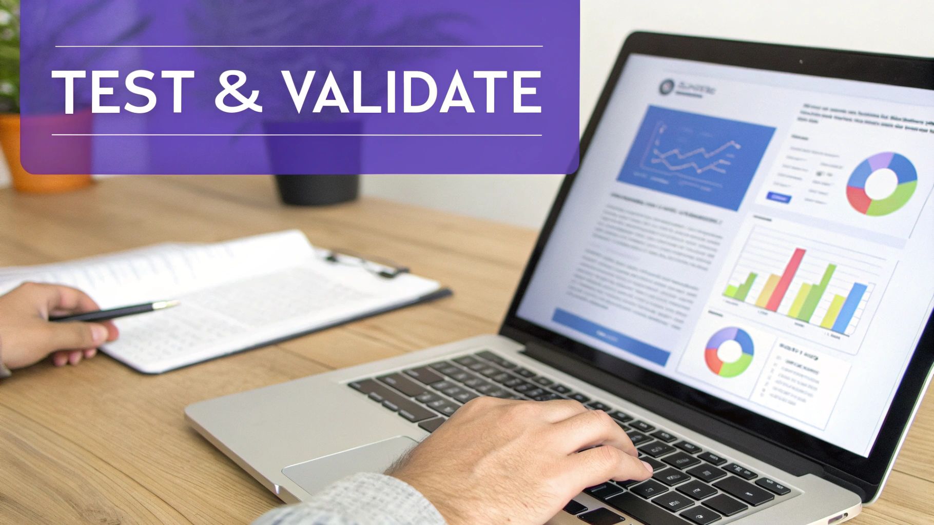 A person analyzing data and charts on a laptop screen, with 'TEST & VALIDATE' overlay.
