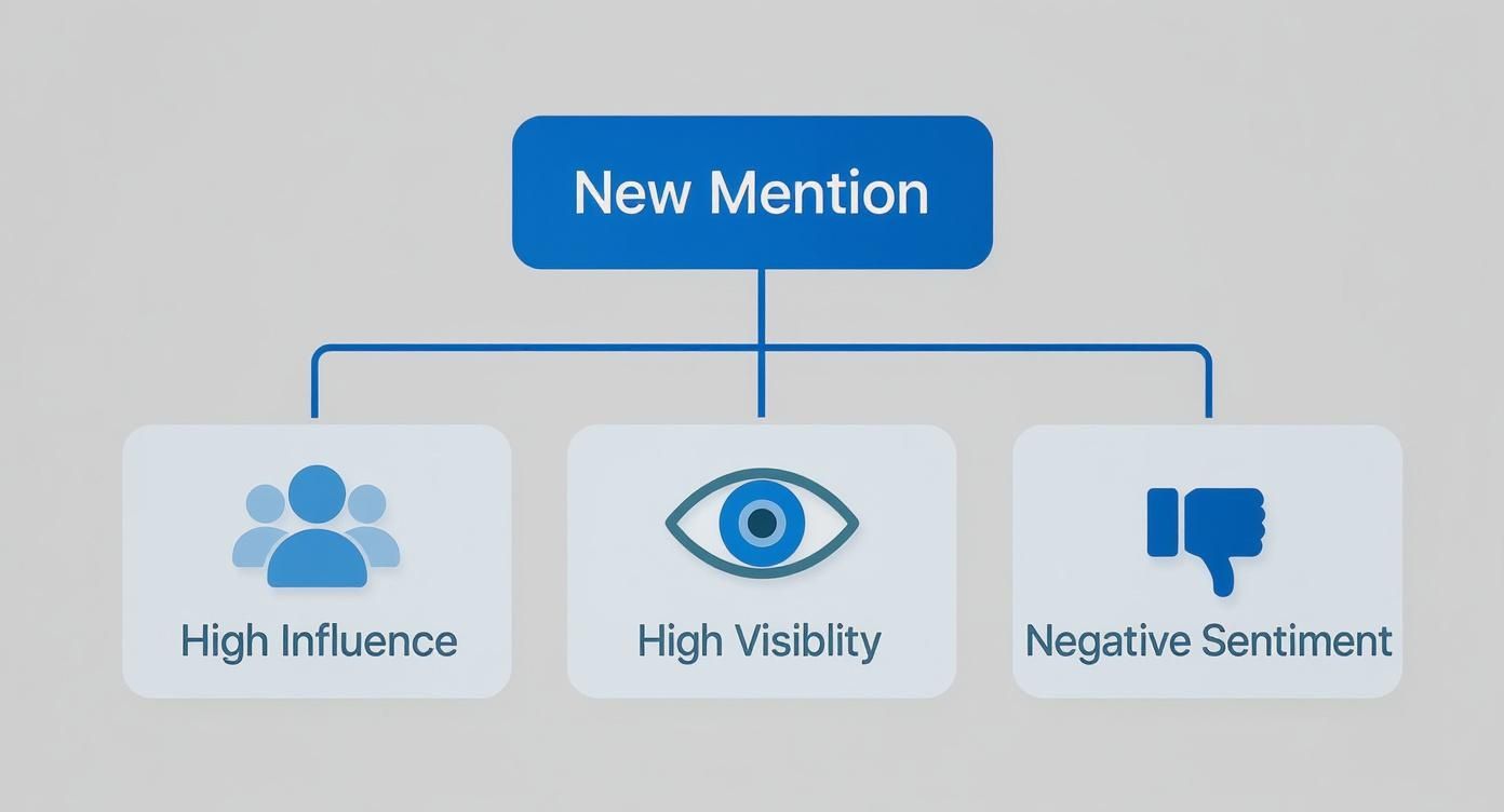 Flowchart showing new mention categorization with high influence, high visibility, and negative sentiment indicators
