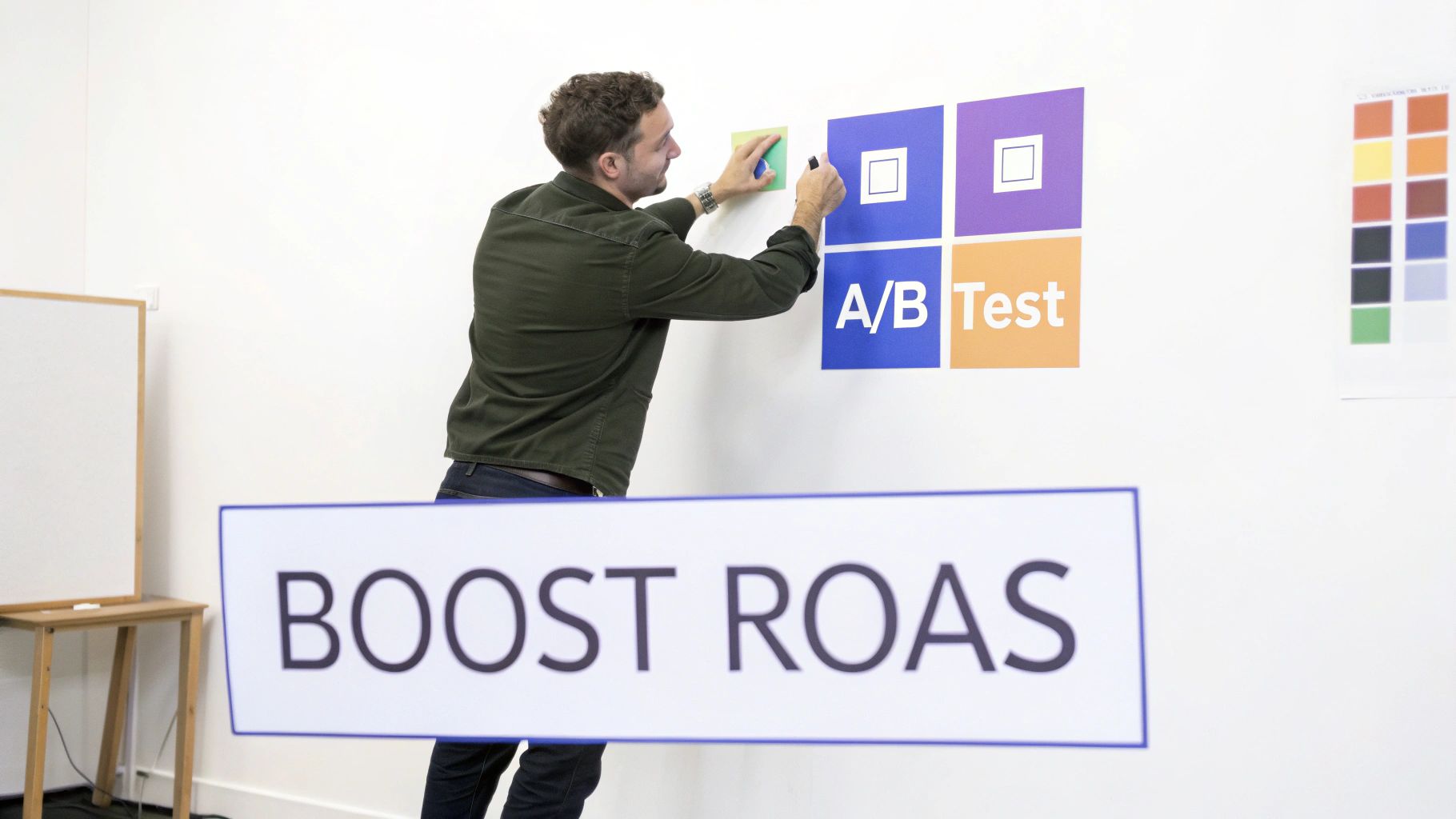 A man actively working on an A/B test marketing display on a wall, aiming to boost ROAS.