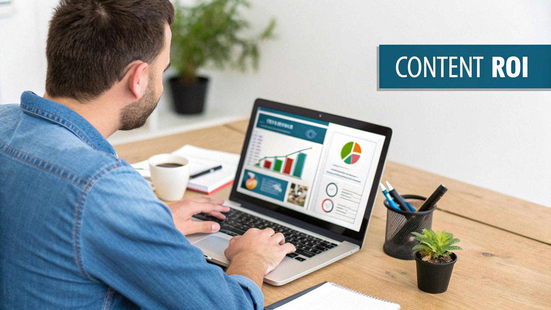 A man reviews content ROI analytics and reports on a laptop at a clean wooden desk.