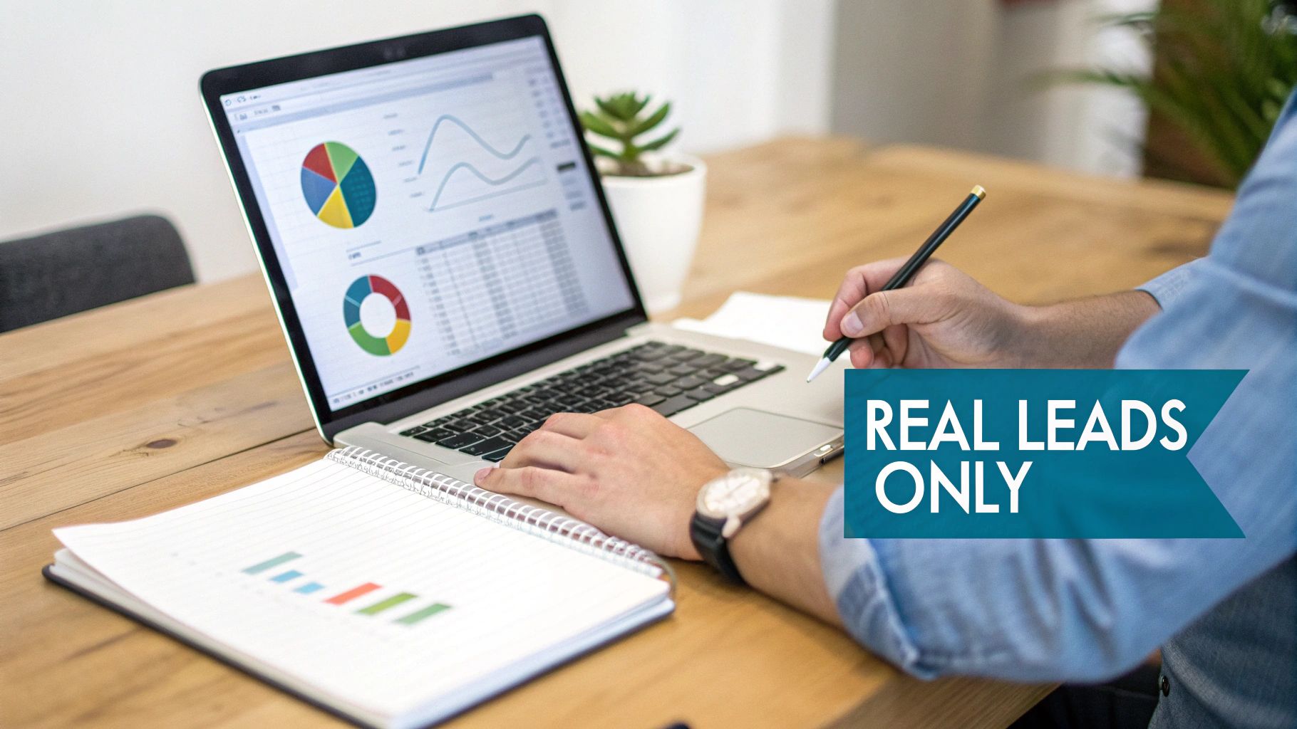 A person at a desk looking at social media analytics on a computer screen, focused on business growth.