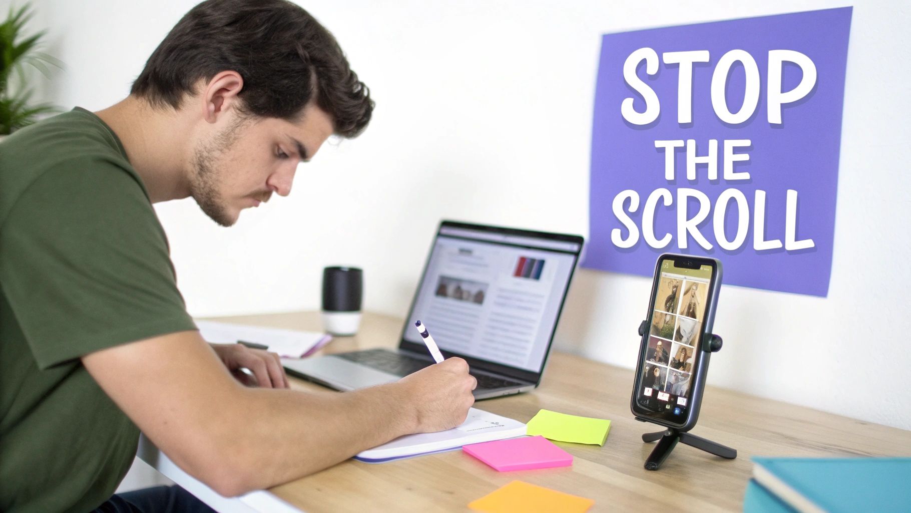 A young man writing notes at a desk with a laptop, smartphone, and a 'STOP THE SCROLL' sign.