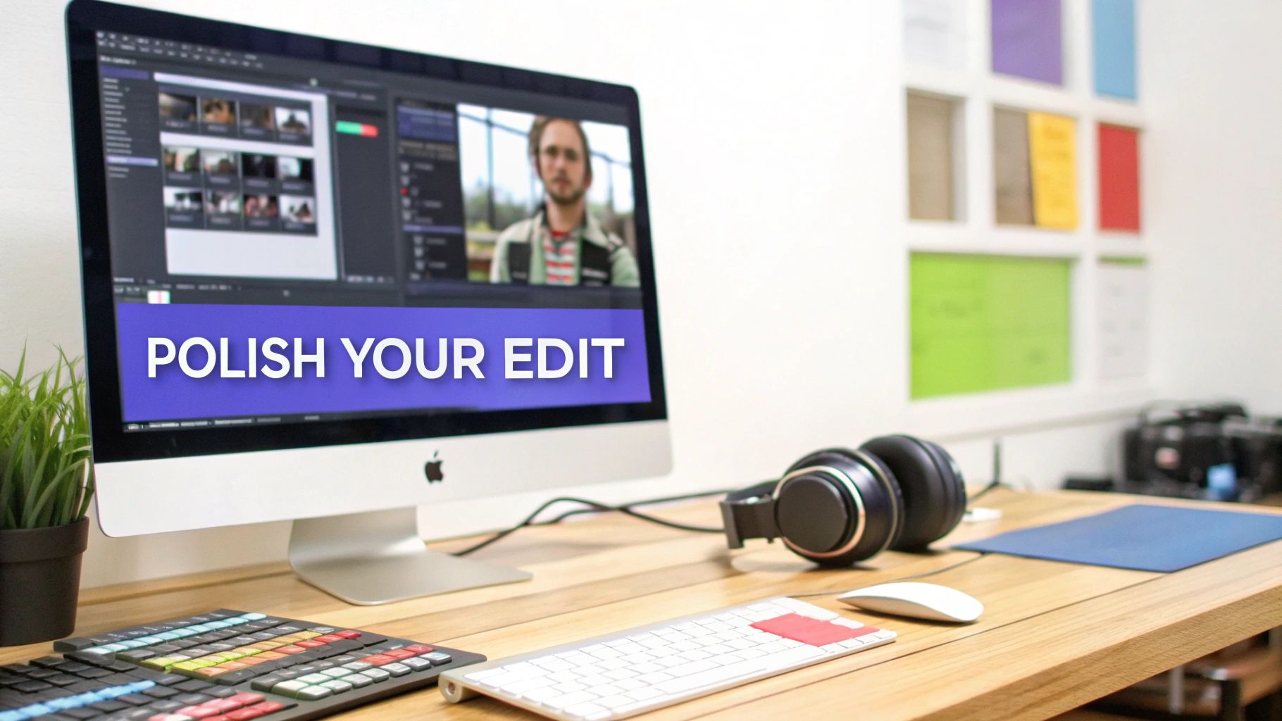 A video editor timeline on a screen showing AI-generated clips being arranged and polished