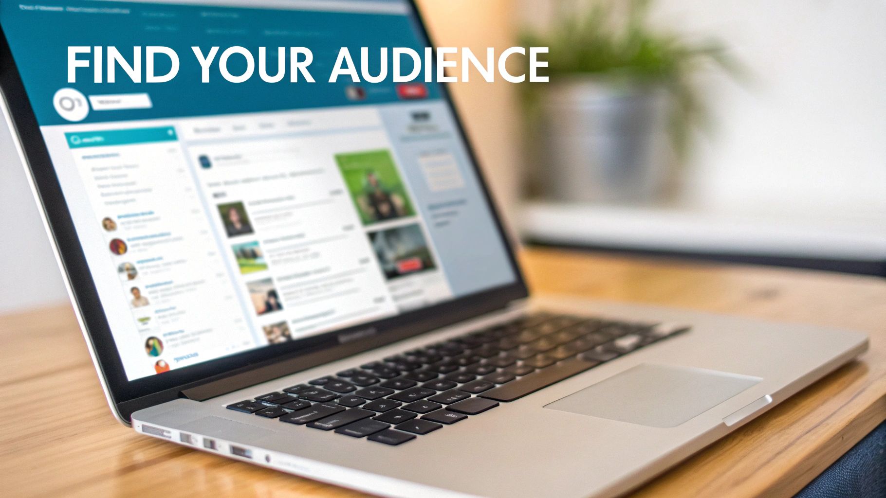 A laptop screen displays "FIND YOUR AUDIENCE" text over a social media interface on a wooden desk.