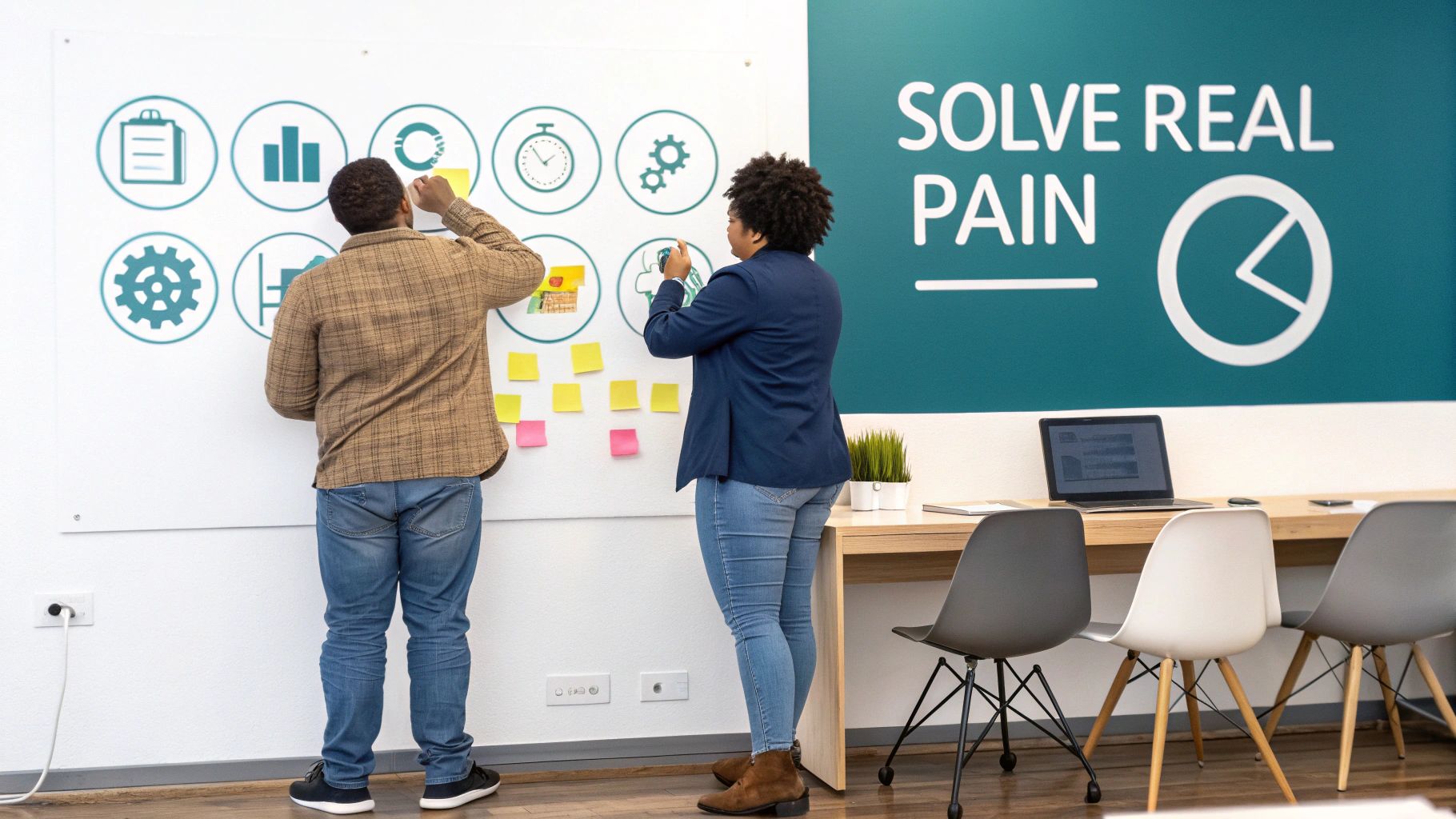 Two colleagues brainstorm ideas on a whiteboard, addressing customer pain points with sticky notes.