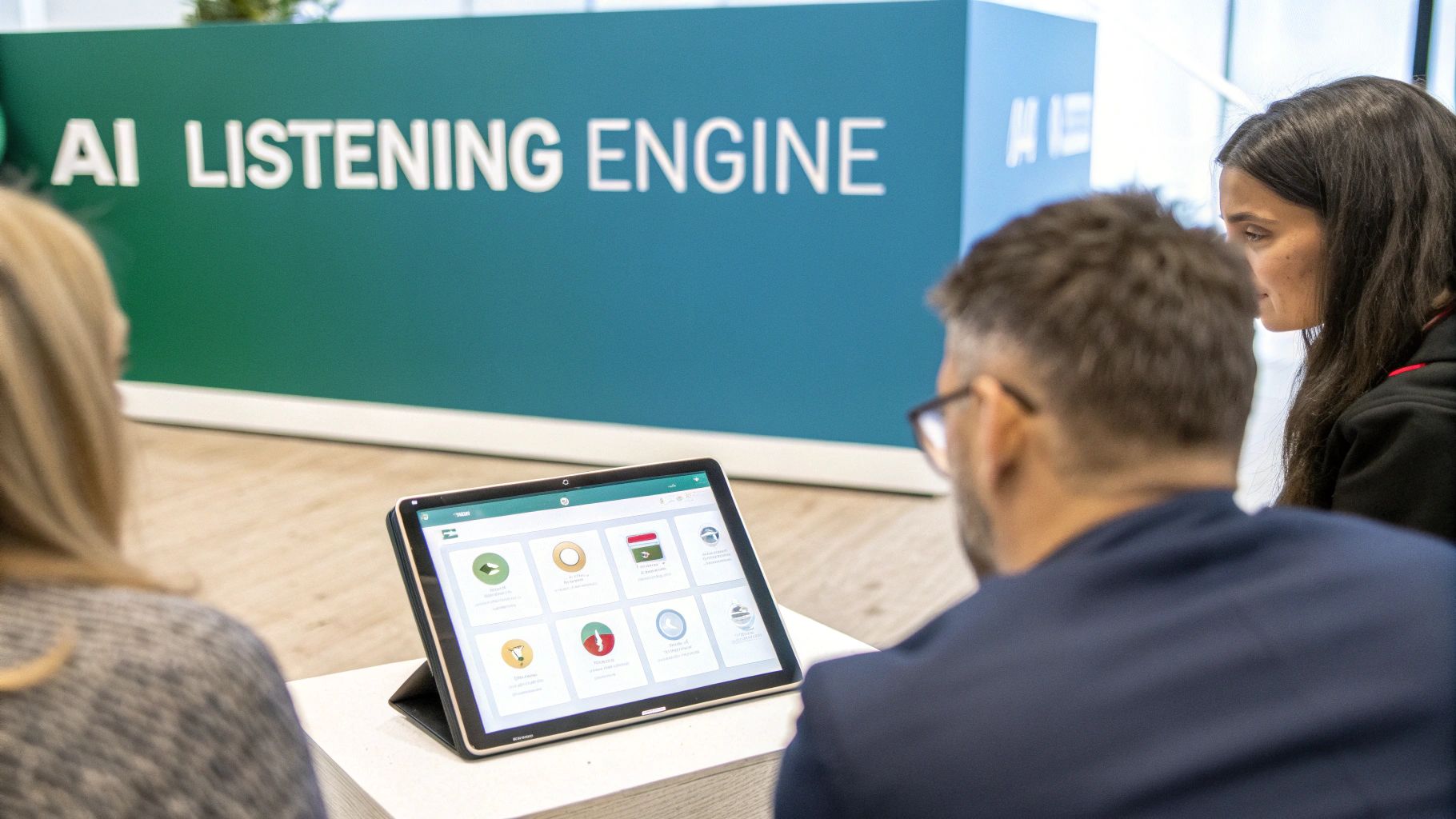 People viewing a tablet with icons and text, against a backdrop sign reading 'AI LISTENING ENGINE'.