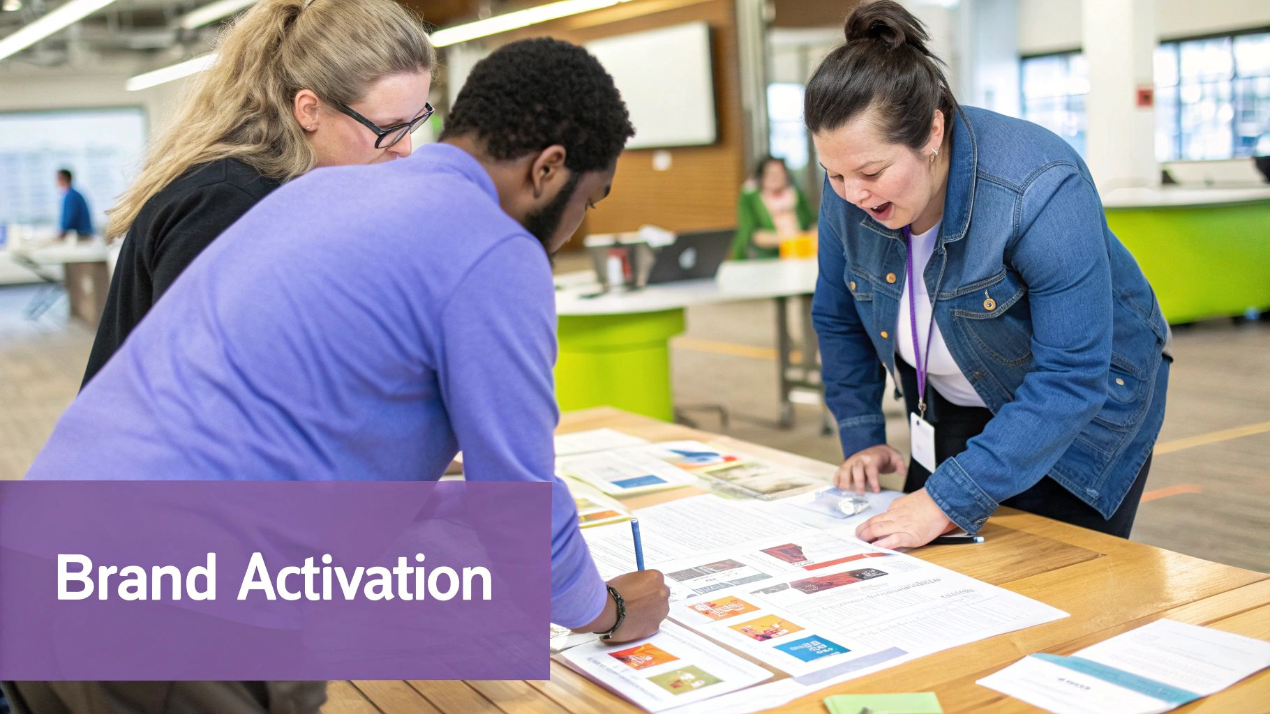 A team member enthusiastically presenting the new brand guidelines to colleagues in a modern office.