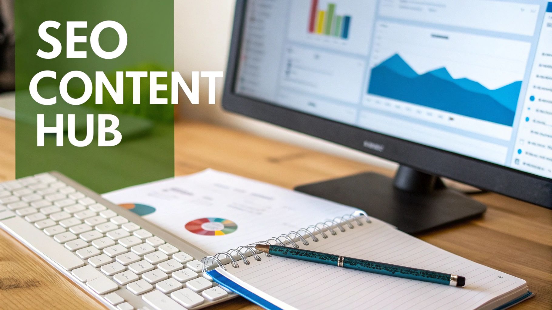 A desk with a computer showing SEO content analytics, a keyboard, notebook, and 'SEO CONTENT HUB' text.